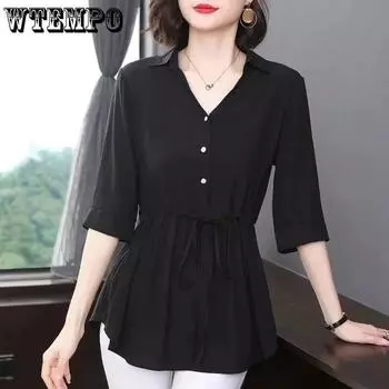 Шифоновая рубашка женская летняя с коротким рукавом модная свободная рубашка весна-осень с длинным рукавом однотонная футболка S