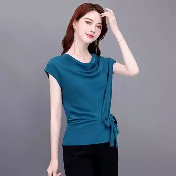 Шифоновая рубашка, женская новая летняя модная французская блузка с короткими рукавами, однотонный топ с короткими рукавами XXL синий