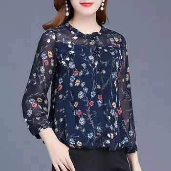Шифоновая рубашка женская топ утягивающий комплект стройнящая универсальная рубашка с цветочным принтом S