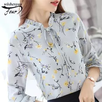 Шифоновая рубашка, женский топ с длинными рукавами, весенне-осенняя одежда, женская свободная рубашка большого размера для полных мм, базовая рубашка с цветочным принтом S светло-серый