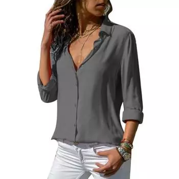 Шифоновая свободная рубашка большого размера с пуговицами, воротником вниз и V-образным вырезом XXL чёрный