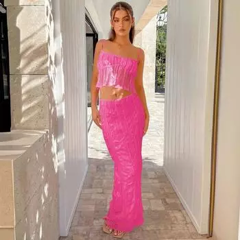 Шифоновая юбка Temperament, высококачественный женский модный комплект-бюстье с лямкой на бретельках из двух частей S роза розовый