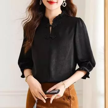 Шифоновая женская блузка с рукавом миди, китайская летняя блузка с рукавом пять четвертей в стиле ретро XXXL чёрный