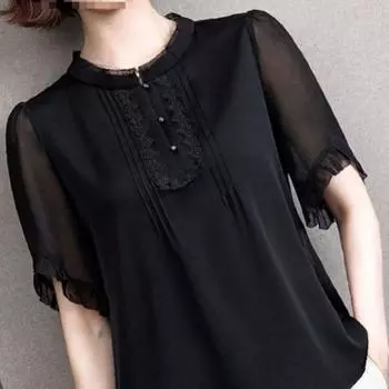 Шифоновая женская летняя блузка с короткими рукавами больших размеров, женская стильная утягивающая кружевная блузка, блузки и рубашки M чёрный