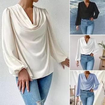 Шифоновая женская рубашка с драпировкой и воротником-фонариком, пуловер с рукавами-фонариками, однотонный свободный крой, топ для повседневного ношения XL абрикосовый