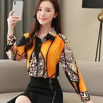 Шифоновая женская свободная модная рубашка с длинным рукавом с леопардовым узором S жёлтый