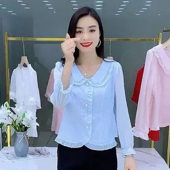 Шифоновая женская весенняя одежда, новая модная жаккардовая рубашка больших размеров для живота, рубашка в западном стиле для снижения возраста, верхняя базовая рубашка в западном стиле M синий