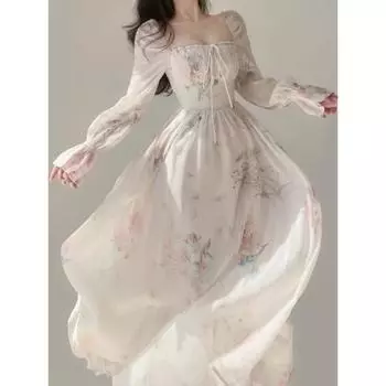 Шифоновое элегантное платье миди с цветочным принтом, женское вечернее платье в пляжном стиле с длинными рукавами, цельное платье в стиле бохо, корейская мода, лето 2024 г. S абрикосовый