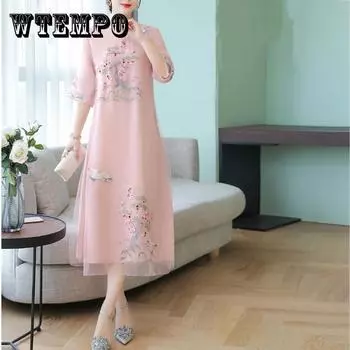 Шифоновое Cheongsam M-XXXXL, летнее платье больших размеров в китайском стиле, юбка выше колена с принтом длиной до колена XL зелёный