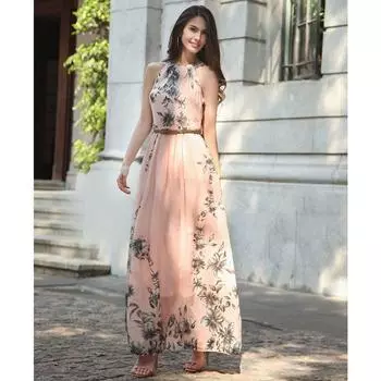 Шифоновое длинное платье с цветочным принтом, женские платья, сексуальное повседневное пляжное платье M розовый