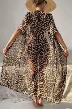 Шифоновое длинное пляжное платье с леопардовым принтом Angelsin, парео-кимоно, разноцветное