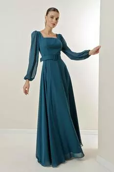 Шифоновое длинное вечернее платье с квадратным вырезом и поясом на талии