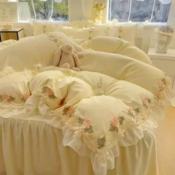 Шифоновое кружево Постельный набор Четыре предмета Приятный к коже Дышащий Стиранные простыни Пододеяльник Наволочка 1.5m bed
