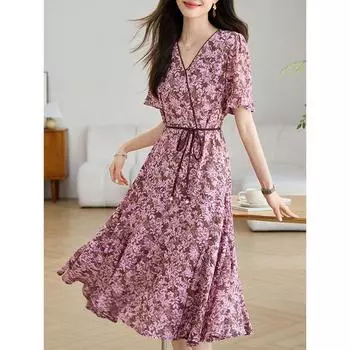 Шифоновое летнее платье для женщин, летний новый стиль, облегающая талию, утягивающая юбка с цветочным принтом и короткими рукавами M