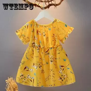 Шифоновое платье для девочек, летняя детская одежда на талии, От 1 до 7 лет, платье принцессы с цветочным принтом, свободное платье с листьями лотоса M жёлтый