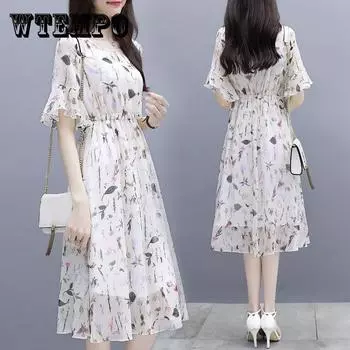 Шифоновое платье Лето Темперамент было тонким, с принтом Фея А-силуэта средней длины с талией и цветочным принтом Женское шифоновое платье с круглым вырезом и короткими рукавами
