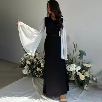 Шифоновое платье макси с длинными рукавами 2024, элегантные расклешенные платья трапециевидной формы с длинными рукавами, весенние повседневные платья для выпускного вечера, вечерние платья S чёрный