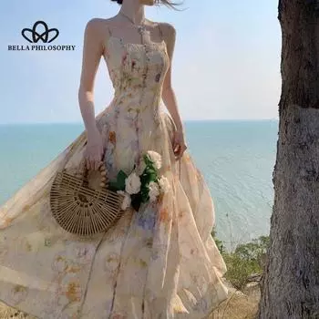 Шифоновое платье на бретельках с цветочным принтом, весеннее праздничное длинное платье феи во французском стиле, женское элегантное вечернее платье S