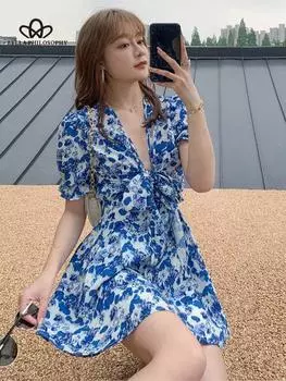 Шифоновое платье с цветочным принтом, женское весенне-летнее платье 2023, новое элегантное модное повседневное платье трапециевидной формы с короткими рукавами S синий