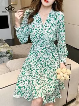 Шифоновое платье с цветочным принтом, женское летнее модное повседневное длинное платье 2023 года с v-образным вырезом и длинными рукавами S зелёный