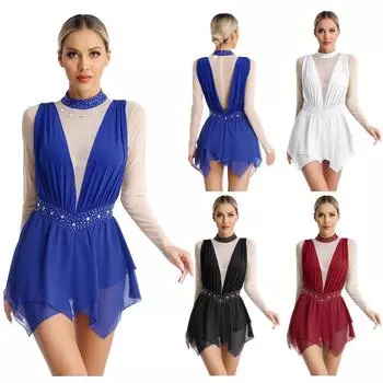 Шифоновое платье с длинными рукавами для фигурного катания, костюм для выступлений с воротником-стойкой, тюлевая юбка, купальник, современная танцевальная одежда L синий