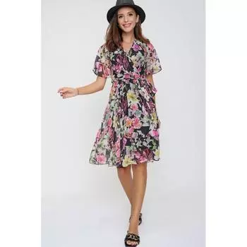 Шифоновое платье с двубортным воротником и цветочным узором на талии с поясом и подкладкой