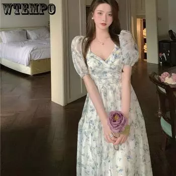 Шифоновое платье с лоскутным принтом Супер Фея Французское платье с v-образным вырезом и короткими рукавами с цветочным принтом Юбка на талии средней длины Платья с баской и пышными рукавами S зелёный
