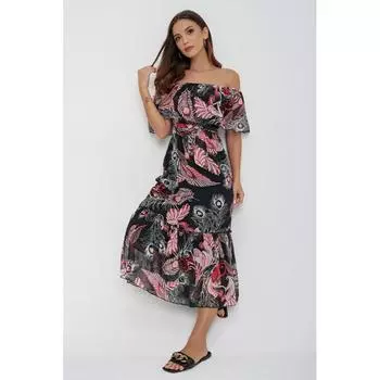 Шифоновое платье с оборками на воротнике и шалью с подкладкой на талии и поясом