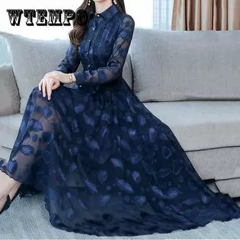 Шифоновое платье с воротником ПОЛО, женское с длинными рукавами, закрывающее мясо, уменьшающее возраст, тонкая темпераментная юбка средней длины, однотонное платье-рубашка с принтом XXXL