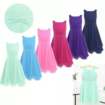 Шифоновое платье с завязками на талии и рюшами для девочек, платье с цветочным узором для девочек, пышное платье принцессы на свадьбу, подружку невесты, день рождения 9-10 Years ярко-розовый