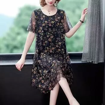 Шифоновое платье средней длины с круглым вырезом, свободное свободное платье трапециевидной формы, прямое сетчатое платье, женское повседневное платье с короткими рукавами и принтом, легкое дышащее летнее платье L