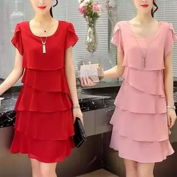 Шифоновое платье средней длины, женская свободная и тонкая юбка больших размеров с короткими рукавами, закрывающая живот L розовый