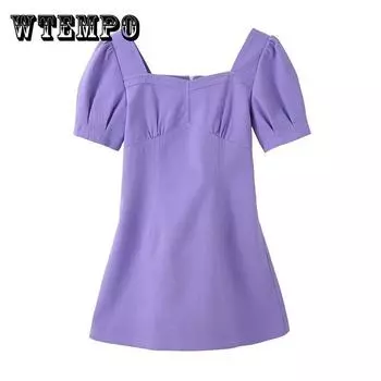 Шифоновое платье трапециевидной формы с простой талией, элегантное французское ретро-платье с квадратным вырезом и высокой талией, летнее женское фиолетовое платье с короткими рукавами XXL фиолетовый