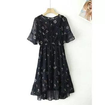 Шифоновое платье в цветочек во французском стиле, женское летнее платье в стиле ретро Nx364, кружевное, с завязкой на талии, контролирующее фигуру, стройнящее, элегантное платье с рукавами-колокольчиками Navy 155/80A/S