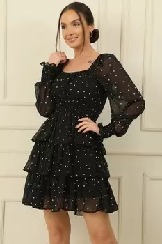 Шифоновое платье в горошек на подкладке с воланами