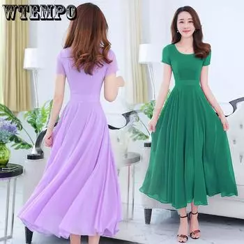 Шифоновое платье, женское летнее платье большого размера, средней длины, пляжное платье с короткими рукавами, женское платье в стиле свинг, танцевальное платье M фиолетовый