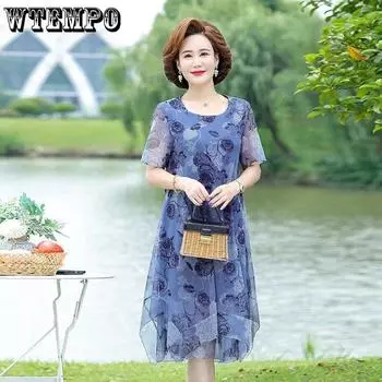 Шифоновое платье, женское летнее платье большого размера с короткими рукавами, сетчатое платье, свободное платье средней длины с принтом L красный