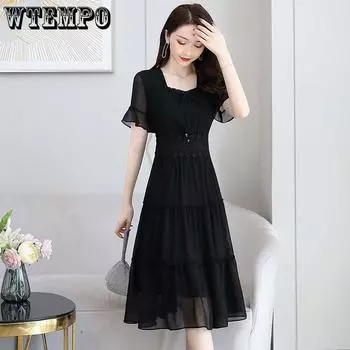 Шифоновое платье женское летнее женское платье с французской талией черное платье средней длины белое праздничное платье с короткими рукавами M белый