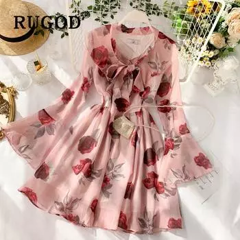 Шифоновое платье женское новое с v-образным вырезом и принтом розы с длинными расклешенными рукавами платья в виде листьев лотоса темперамент Uniform code синий