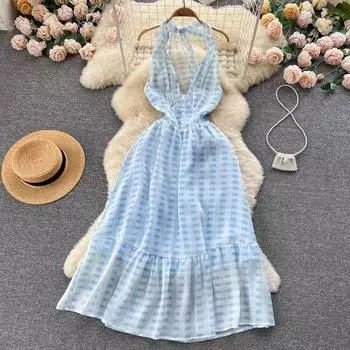 Шифоновое пляжное праздничное платье с v-образным вырезом, женское летнее модное французское сексуальное платье с открытой спиной, клетчатое платье без рукавов знаменитостей, повседневные шикарные платья в стиле бохо S синий