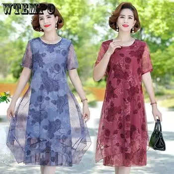 Шифоновое сетчатое платье с принтом, средней длины, большого размера, свободное повседневное летнее тонкое женское платье с круглым вырезом и короткими рукавами, темпераментное платье L красный