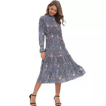 Шифоновое синее платье с цветочным принтом, круглым вырезом, длинными рукавами, листом лотоса, эластичной резинкой на талии, трапециевидной формы средней длины, женское S синий
