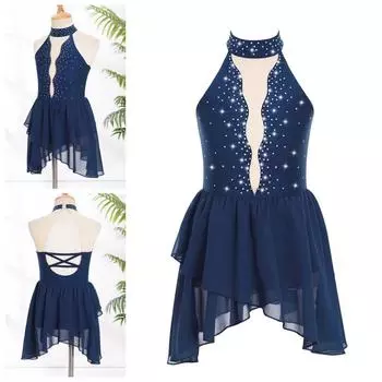 Шифоновое танцевальное платье для балета, лирический гимнастический костюм, тренировочный костюм для выступлений, соревнований, для детей и девочек, сценический костюм для выступлений 5-6 Years темно-синий