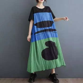 Шифоновое винтажное плиссированное новое платье больших размеров с коротким рукавом для женщин, повседневное свободное длинное летнее платье синий
