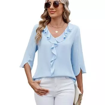 Шифоновые блузки со средним рукавом и V-образным вырезом, плиссированные, с оборками, свободного кроя, женские топы S белый