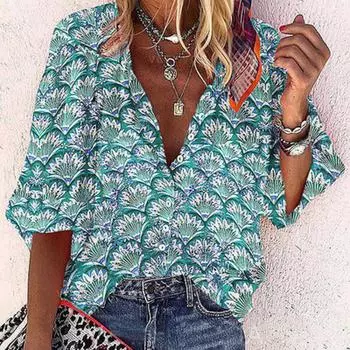 Шифоновые блузки женские летние 2021 цветочные принтованные рубашки повседневные топы с V-образным вырезом и рукавом 3/4 S синий