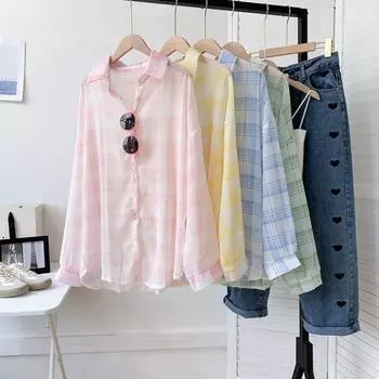 Шифоновые клетчатые рубашки женские Ins модные нежные мешковатые элегантные легкие солнцезащитные с длинным рукавом верхняя одежда женские OL горячие продажи S синий