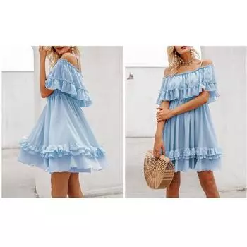 Шифоновые летние платья с открытыми плечами, женское плиссированное короткое платье с рюшами, розовое элегантное праздничное свободное пляжное мини-платье S светло-синий