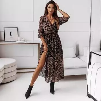 Шифоновые летние платья женские элегантные трапециевидные цветочные офисные весенние платья макси с длинным рукавом с v-образным вырезом и цветочным принтом женские Vestido XXL чёрный