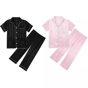 Шифоновые полосатые пижамные комплекты для девочек-подростков, пижамы для мальчиков, топ с короткими рукавами, штаны, пижамный комплект, летняя детская одежда для сна 11-12T